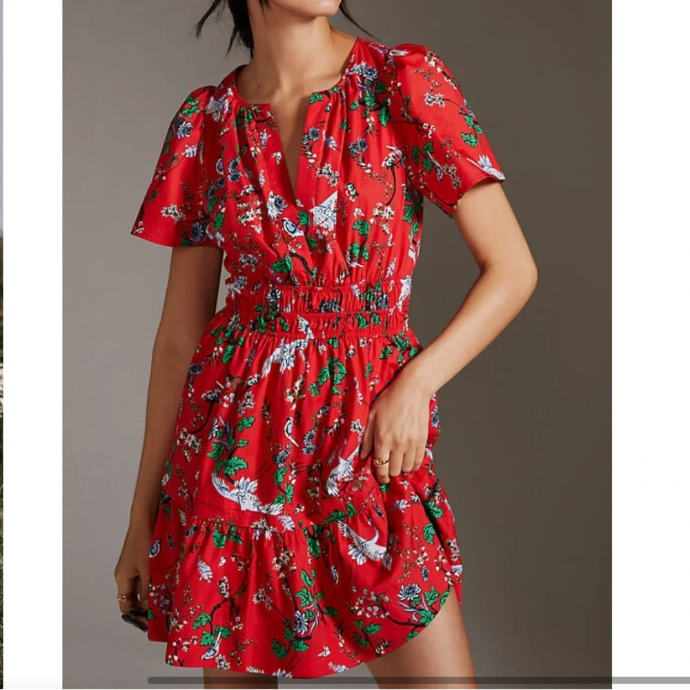 NEW Anthropologie Somerset Mini Cotton Dress Red Bird Floral Print Pockets XXS - Picture 9 of 16